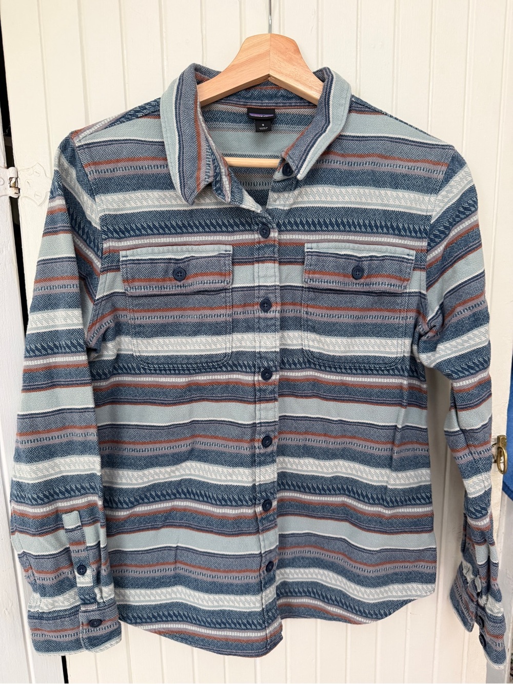Patagonia Fjord Button-Down Shirt in Light Blue, Navy & Rust Stripes
